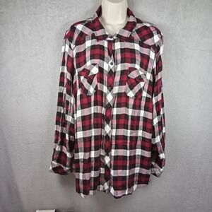 Torrid Womens Plus Size 3 Red Black White Plaid Western Button Down Shirt 3X